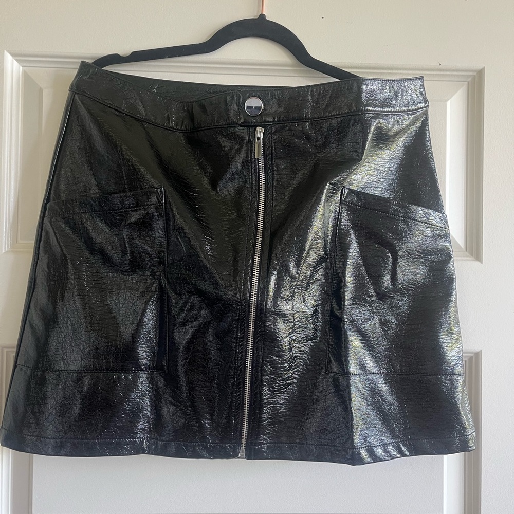 F an F clothing shiny pleather mini skirt, silver zip and button detail